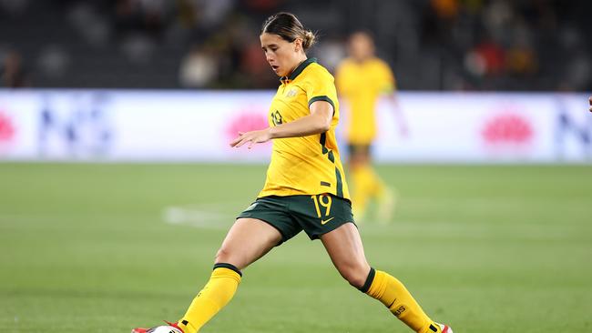 SYDNEY, AUSTRALIA - OCTOBER 26: Kyra Cooney-Cross of the Matildas controls the ball during the Women's International Friendly match between the Australia Matildas and Brazil at CommBank Stadium on October 26, 2021 in Sydney, Australia. (Photo by Mark Kolbe/Getty Images)