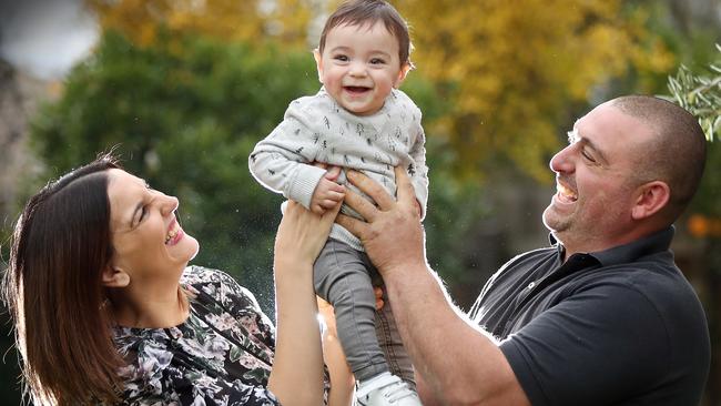 Parents Anastasia and Zenon Eleftheriou with baby Leo, who received three blood transfusions while still in the womb. Pictures: Alex Coppel