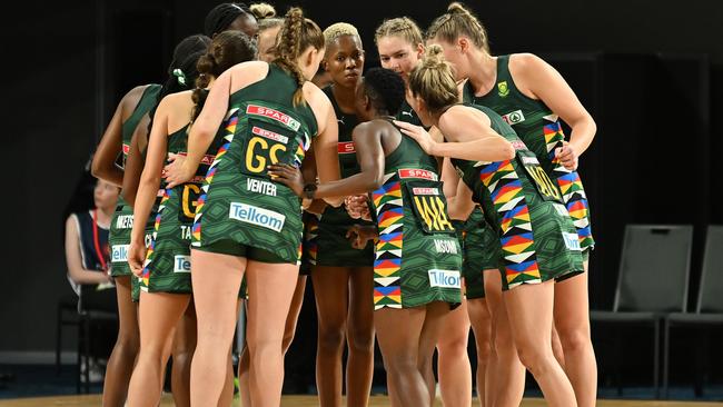 CAIRNS, AUSTRALIA - OCTOBER 25: The Pretoras huddle ahead of dgame one of the International Test series between Australia Diamonds and South Africa Proteas at Cairns Convention Centre on October 25, 2023 in Cairns, Australia. (Photo by Emily Barker/Getty Images)