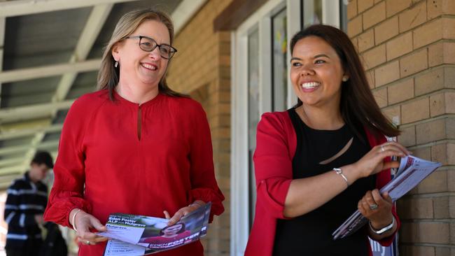 Jacinta Allan with new Labor MP for Mulgrave, Eden Foster on election day. Picture: AAP