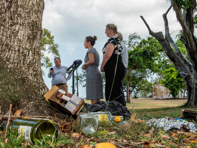 Chief Minister Lia Finocchiaro, Alcohol Minister Steve Edgington and Attorney-General Marie-Clare Boothby at Bundilla Beach in Darwin, NT. The CLP will introduce new laws allowing police to arrest and fine nuisance public drinkers in the Northern Territory. Picture: Pema Tamang Pakhrin