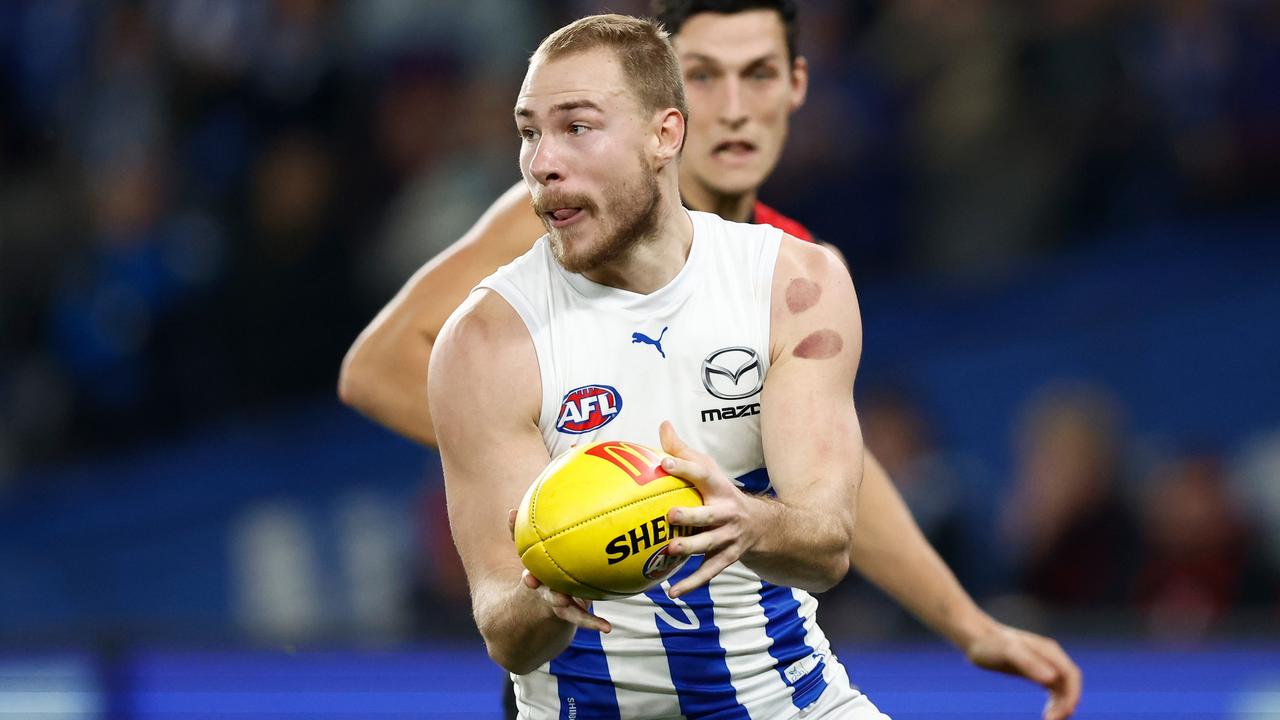 MELBOURNE, AUSTRALIA - JUNE 04: Ben McKay of the Kangaroos in action during the 2023 AFL Round 12 match between the Essendon Bombers and the North Melbourne Kangaroos at Marvel Stadium on June 4, 2023 in Melbourne, Australia. (Photo by Michael Willson/AFL Photos via Getty Images)