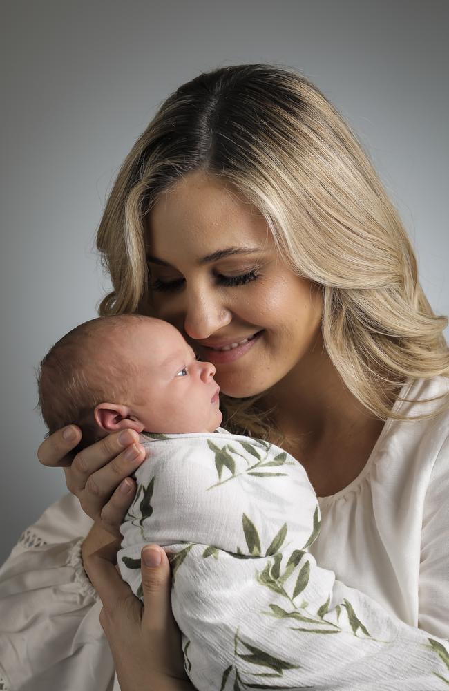 Kendall Gilding with new baby Olive Joy – born August 23. Picture: Mark Cranitch