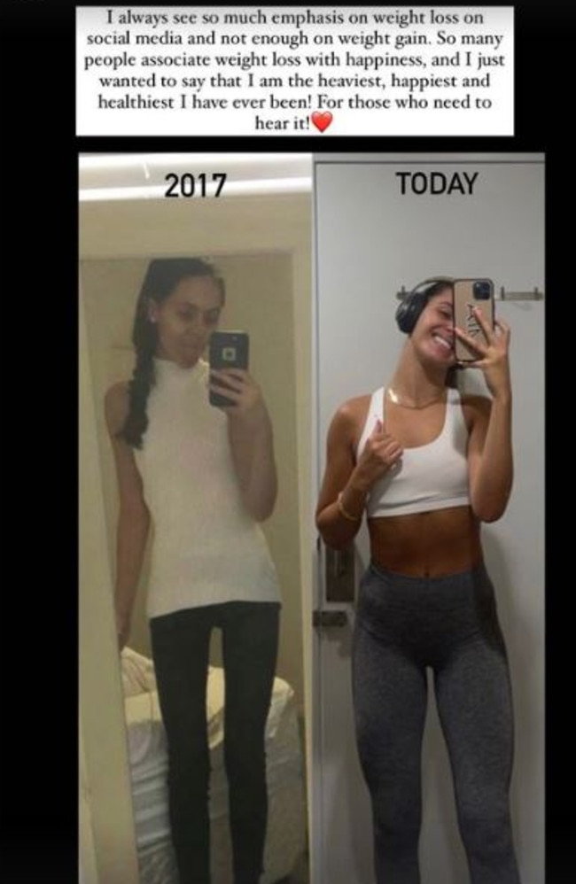 Mia shared a photo from 2017 and one of her at her ‘happiest’ today. Picture: Instagram/Mia Fevola