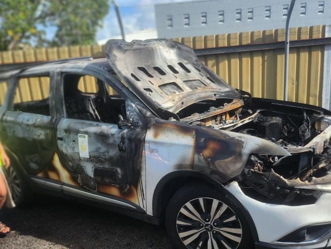 A stolen Mitsubishi Outlander was found burnt out on Pilkington Street, Garbutt. The car was linked to the armed robbery of two teenage boys in Vincent last Tuesday. Picture: Facebook