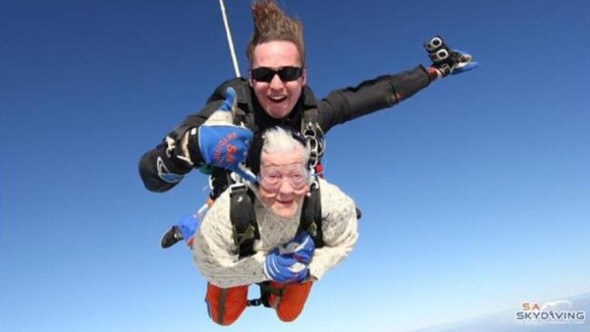 Irene O'Shea skydiving after turning 100 last year. Next week the 101-year-old hopes to become the world’s oldest female skydiver. Picture: SA Skydiving
