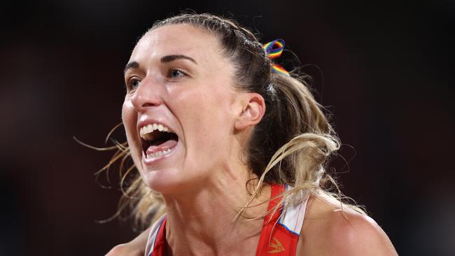 SYDNEY, AUSTRALIA - MAY 04: Sarah Klau of the Swifts reacts during the round four Super Netball match between NSW Swifts and Queensland Firebirds at Ken Rosewall Arena on May 04, 2025 in Sydney, Australia. (Photo by Jason McCawley/Getty Images)