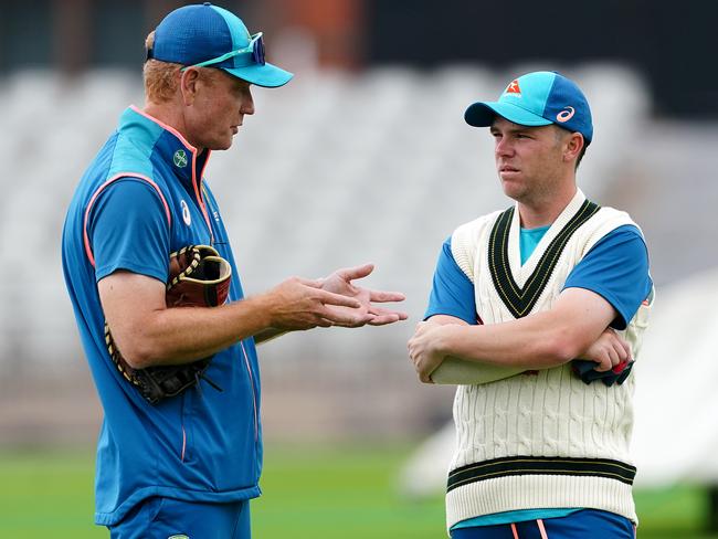 Australia coach Andrew McDonald and Marcus Harris during a nets session at Emirates Old Trafford, Manchester. Picture date: Monday July 17, 2023. (Photo by Mike Egerton/PA Images via Getty Images)