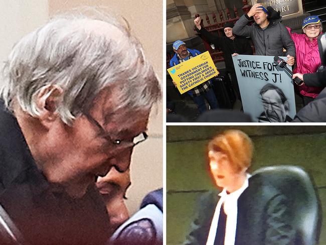 George Pell's appeal into his sex abuse conviction has been dismissed by the Court of Appeal. Main pic: Pell arrives at court this morning. Top right: Anti-sex abuse campaigners celebrate outside the court. Bottom right: Chief Justice Anne Ferguson delivers the judgment.