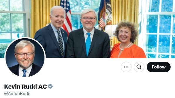 Kevin Rudd's profile on X, formerly Twitter, is now free of Trump digs.