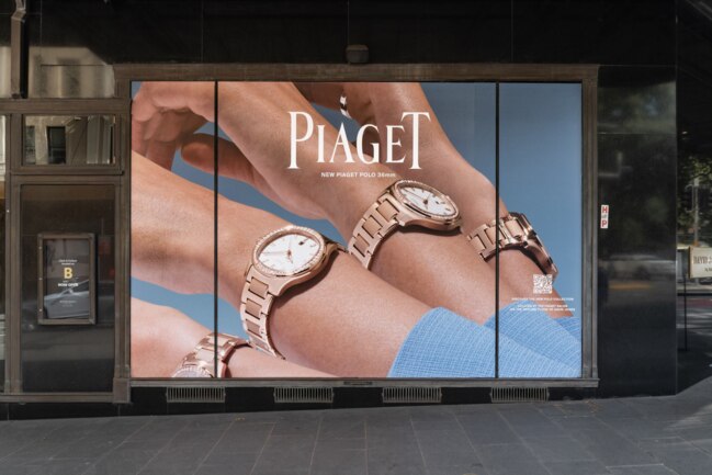 A window ad display for luxury watch and jewellery brand Piaget at David Jones' Elizabeth Street department store in Sydney.