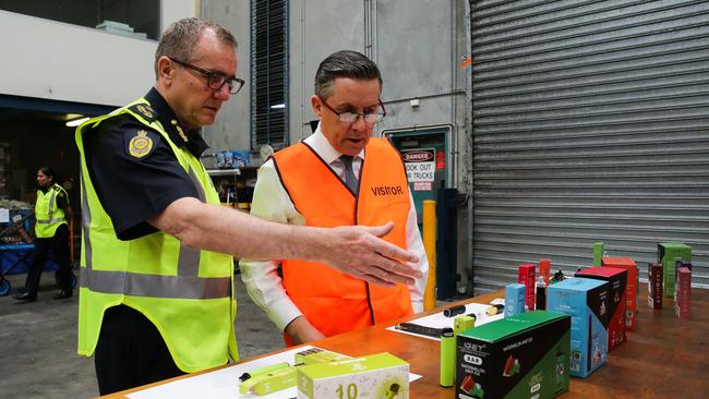 Australian Border Force Commissioner Michael Outram and Health Minister Mark Butler in Sydney where Campaign OBELIA, a joint operation between the ABF and the TGA, which detected more than 35 tonnes of vaping products suspected to contain nicotine. Picture: NCA Newswire/Gaye Gerard