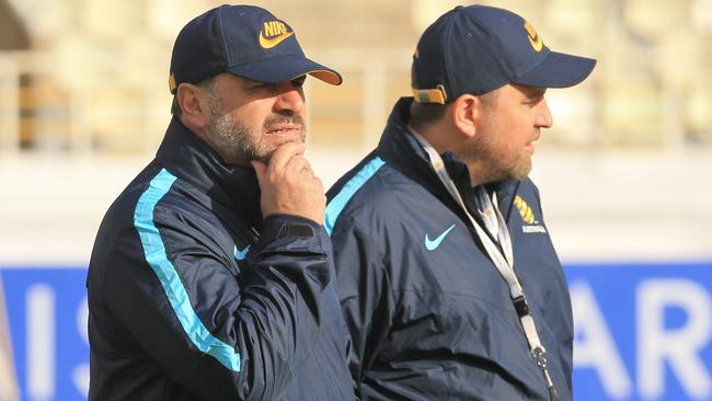 Ange Postecoglou, left, ahead of the Socceroos World Cup qualifier against Iraq in Tehran, Iran. Pic: Mark Evans