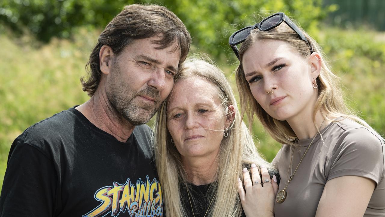 Mick Garner, Kelly Cole and Molly Cole-Crighton remember their stepdaughter, daughter and sister Jemmah Cole-Crighton who was killed in a car crash on the Warrego Hwy, Friday, January 12, 2024. Picture: Kevin Farmer