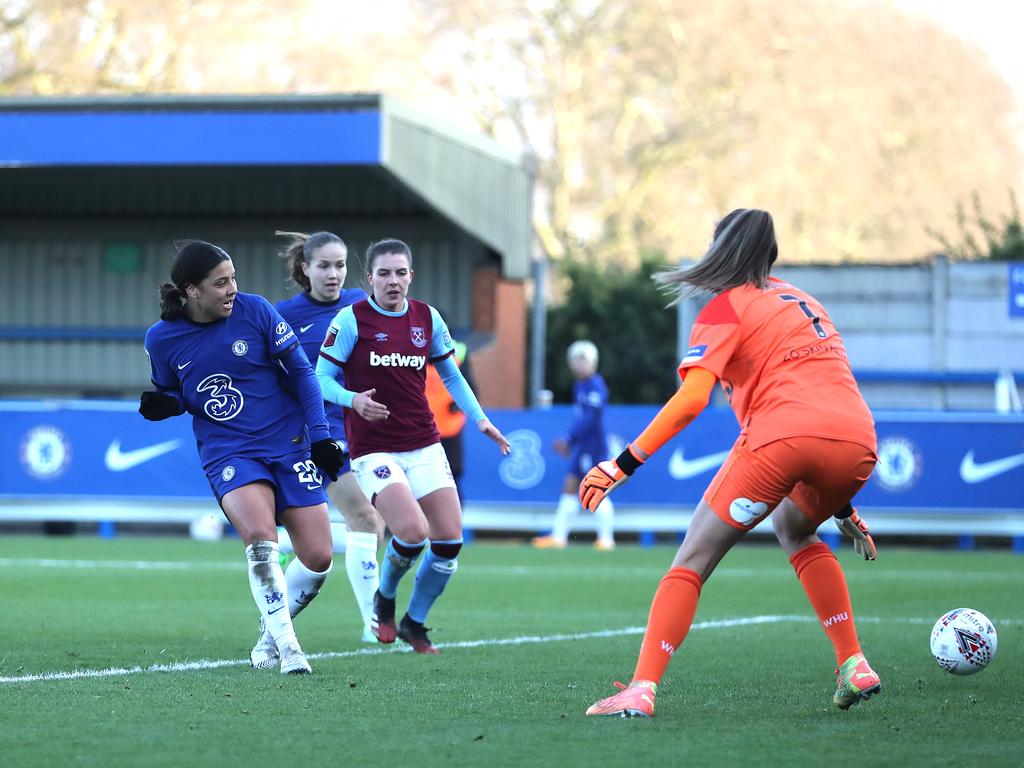 Chelsea’s Sam Kerr scores past her Matildas teammate and West Ham goalkeeper Mackenzie Arnold. Picture: James Chance/Getty Images