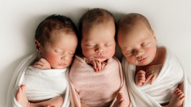 ** UNDER EMBARGO - NETWORK FIRST USE ONLY **  Triplets Auggie, Edie and Owen. Their Mum, Carly Goya, is pleading with politicians to roll out a national RSV immunisation plan. Supplied