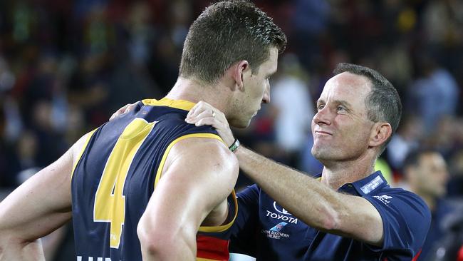 Crows coach Don Pyke with Josh Jenkins after the win over Richmond. Picture: Sarah Reed.