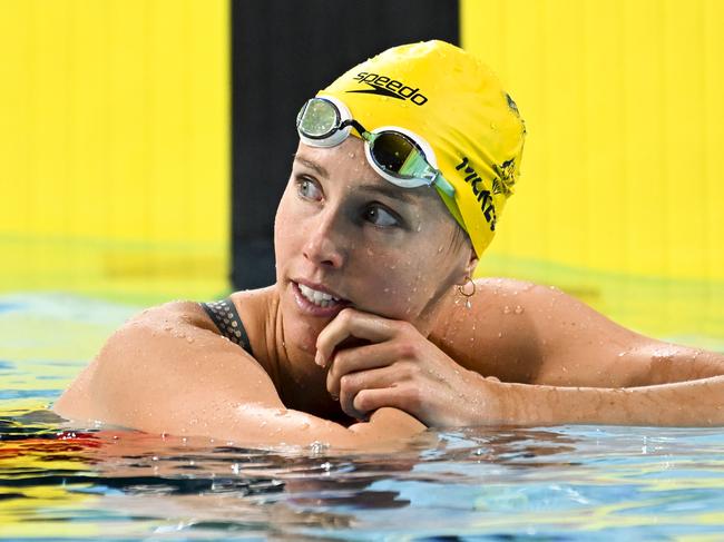 Emma McKeon of Australia reacts after winning Silver in the Women's 100m Butterfly Final on Day 2 of the XXII Commonwealth Games at the Sandwell Aquatics Centre in Birmingham, England, Saturday, July 30, 2022. (AAP Image/Dave Hunt) NO ARCHIVING, EDITORIAL USE ONLY