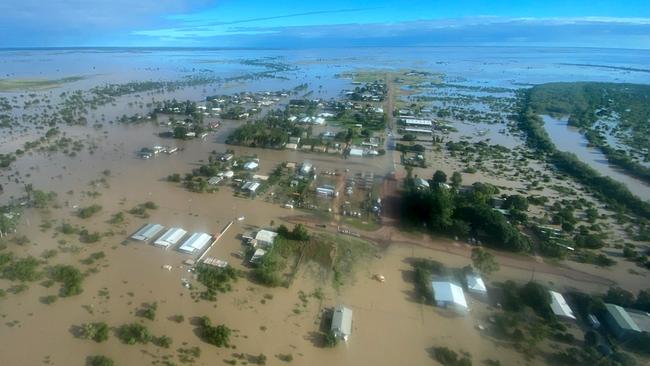 This handout photo taken on March 10, 2023 and received on March 11, 2023 from the Queensland Police Service shows an aerial view of the flooded northern Queensland town of Burketown. PHOTO: AFP