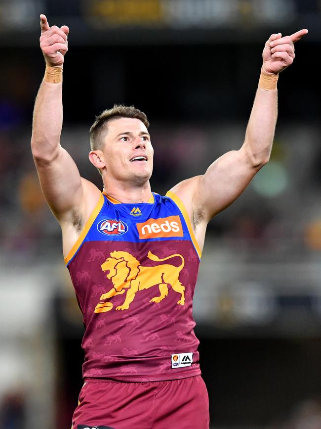 Dayne Zorko celebrates after kicking a goal in the Lions’ weekend win over the Suns. Picture: AAP Image/Darren England