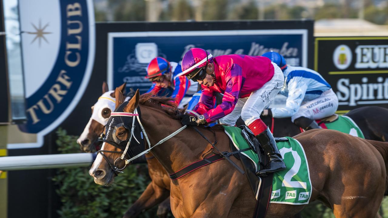 Maya Bay and jockey Luke Tarrant win race one at Clifford Park. Picture: Kevin Farmer