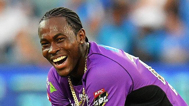 ADELAIDE, VICTORIA - JANUARY 21: Jofra Archer of the Hobart Hurricanes looks on during the Big Bash League match between the Adelaide Strikers and the Hobart Hurricanes at Adelaide Oval on January 21, 2019 in Adelaide, Australia. (Photo by Daniel Kalisz/Getty Images)