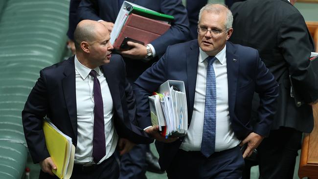 Josh Frydenberg and Scott Morrison after question time in parliament in May. Picture: NCA NewsWire / Gary Ramage