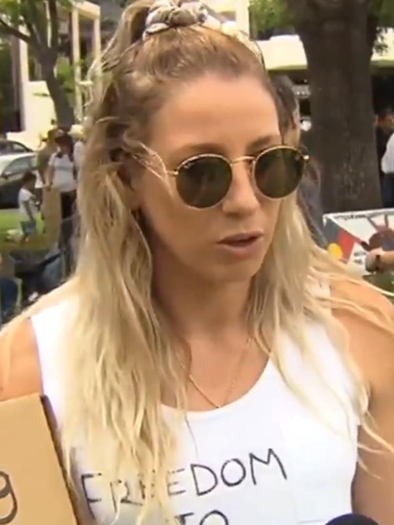 Deni Varnhagen at a protest against mandatory Covid vaccinations for SA Heath workers. Picture: 7 NEWS.
