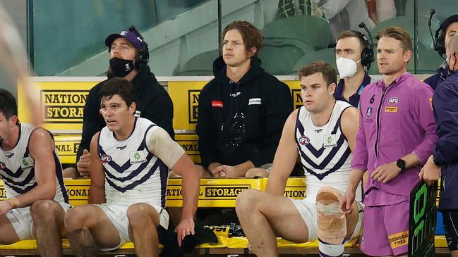 Nat Fyfe after being subbed out through injury against Richmond in 2022. (Photo by Michael Willson/AFL Photos via Getty Images)