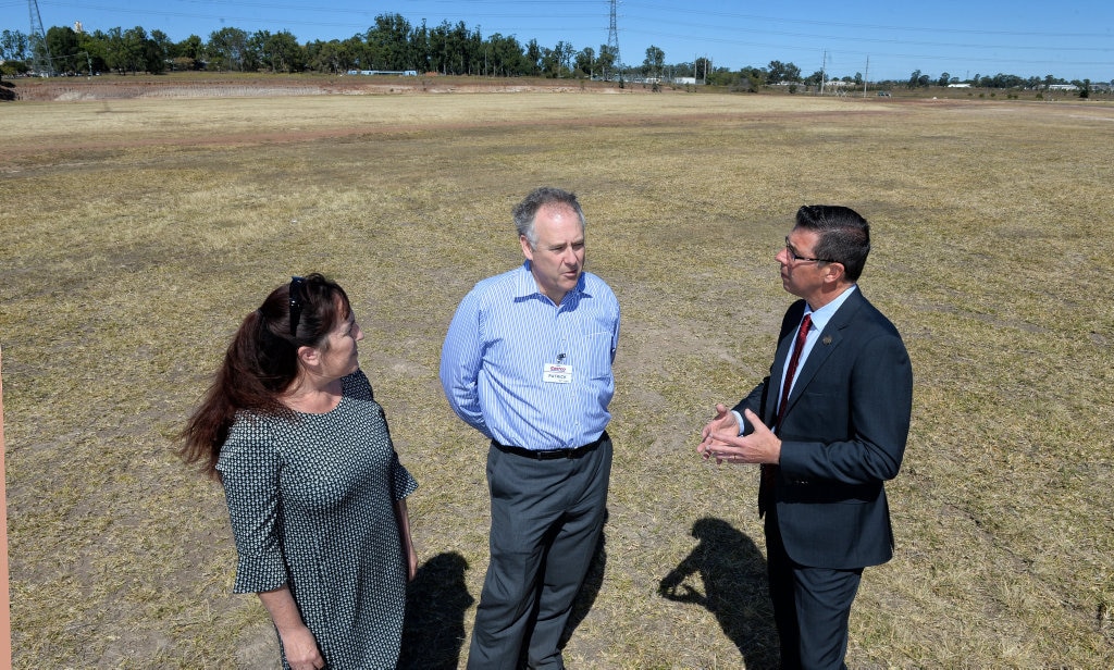 Cr Kylie Stoneman, Costco managing director Patrick Noone and Ipswich Mayor Andrew Antoniolli at the site for the Bundamba Costco. Picture: Rob Williams