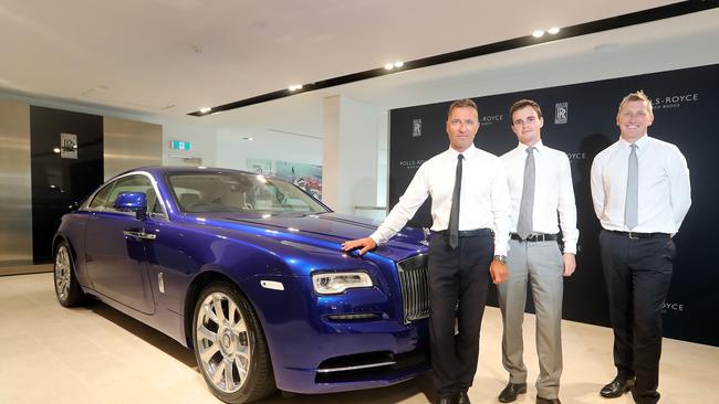 Paul Hewitt, James Read and James Staniforth with a Rolls Royce Wraith Black Badge series. Photo: Richard Gosling