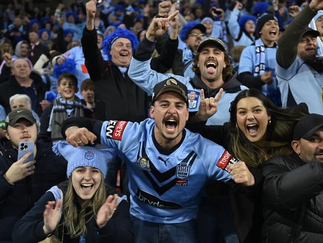Blues fans celebrating the win. Picture: NRL Photos