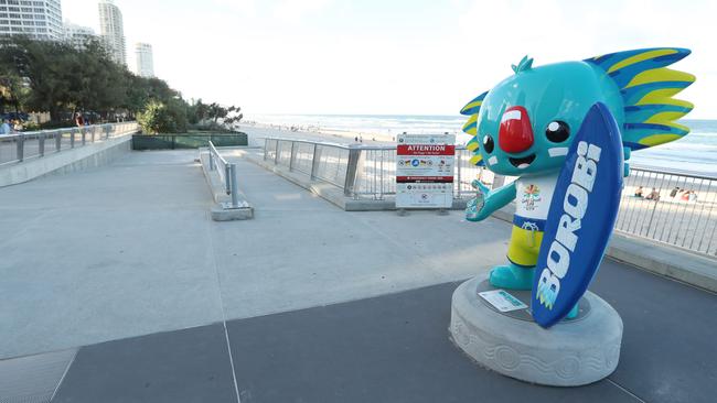 Lonely Borobi at Surfers Paradise beach the day before the Commonwealth Games began. Photo: Lyndon Mechielsen