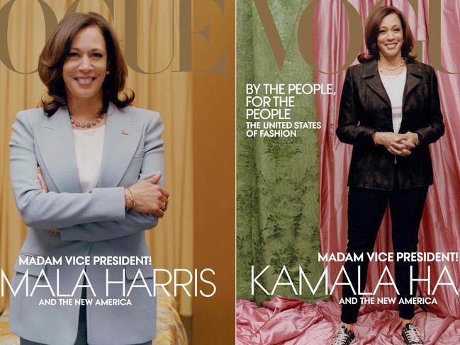 (COMBO) This combination of pictures created on January 12, 2021 shows two handout photo obtained on January 12, 2021 courtesy of Vogue, of US Vice President-elect Kamala Harris in a Michael Kors Collection suit on the February 2021 cover of Vogue magazine(L) and against colors inspired by those of her Howard university sorority, Alpha Kappa Alpha, Vice Presidentâelect Kamala Harris(R) as she wears a Donald Deal jacket and Converse sneakers on the February 2021 cover of Vogue magazine. - A Vogue cover photo of Vice-President-elect Kamala Harris dressed casually has sparked controversy with critics saying it diminishes her achievements, forcing editor Anna Wintour to defend the image on January 12, 2021. Criticism of the cover has spread on social media since it was released on January 10, 2021, with users insisting the portrait of Harris wearing sneakers is disrespectful to the first Black woman to be elected vice president.  A Vogue cover photo of Vice-President-elect Kamala Harris dressed casually has sparked controversy with critics saying it diminishes her achievements, forcing editor Anna Wintour to defend the image on January 12, 2021. Criticism of the cover has spread on social media since it was released on January 10, 2021, with users insisting the portrait of Harris wearing sneakers is disrespectful to the first Black woman to be elected vice president. (Photos by Tyler MITCHELL / Vogue / AFP) / RESTRICTED TO EDITORIAL USE - MANDATORY CREDIT "AFP PHOTO /VOGUE/TYLER MITCHELL/VOGUE.COM/AMERICANVOGUE.COM/HANDOUT - NO MARKETING NO ADVERTISING CAMPAIGNS - DISTRIBUTED AS A SERVICE TO CLIENTS --- NO ARCHIVE ---  RESTRICTED TO EDITORIAL USE - MANDATORY CREDIT "AFP PHOTO /VOGUE/TYLER MITCHELL/VOGUE.COM/AMERICANVOGUE.COM/HANDOUT - NO MARKETING NO ADVERTISING CAMPAIGNS - DISTRIBUTED AS A SERVICE TO CLIENTS --- NO ARCHIVE --- / TO GO WITH AFP STORY -"Vogue's Wintour defends controversial Kamala Harris cover" - TO GO WITH AFP STORY -"Vogue's Wintour defends controversi