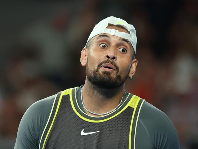 MELBOURNE, AUSTRALIA - JANUARY 13: Nick Kyrgios of Australia reacts against Jacob Fearnley of Great Britain in the Men's Singles First Round match during day two of the 2025 Australian Open at Melbourne Park on January 13, 2025 in Melbourne, Australia. (Photo by Kelly Defina/Getty Images)