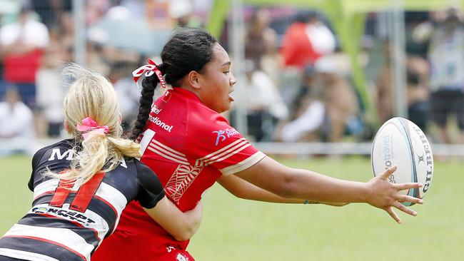 Harmony Brown for NSW Maori and Tiamarni Vai for Tonga. Under 14 Girls Grand Final. NSW Maori v Tonga. 2024 Pasifiika Cup Rugby Union at Whalan Reserve. Picture: John Appleyard