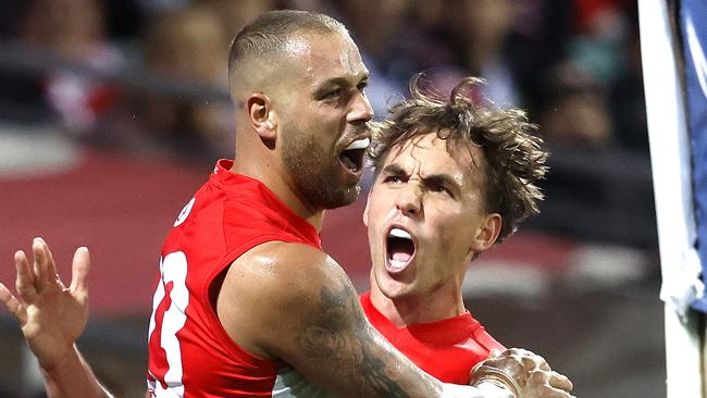 SydneyÃs Lance Franklin in his 350th AFL match celebrates kicking a goal  with Ryan Clarke during the AFL Round 13 Pride Game match between the  Sydney Swans and St. Kilda Saints at the SCG on June 8, 2023. Photo by Phil Hillyard(Image Supplied for Editorial Use only - **NO ON SALES** - Â©Phil Hillyard )