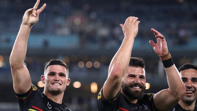 SYDNEY, AUSTRALIA – OCTOBER 17: Nathan Cleary of the Panthers, Josh Mansour of the Panthers and Tyrone May of the Panthers thank the crowd after winning the NRL Preliminary Final match between the Penrith Panthers and the South Sydney Rabbitohs at ANZ Stadium on October 17, 2020 in Sydney, Australia. (Photo by Mark Kolbe/Getty Images)