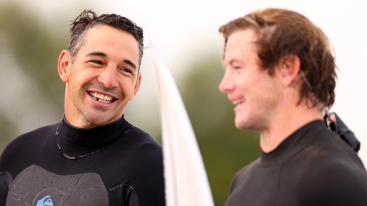 Maroons coach Billy Slater shares a laugh with Harry Grant. Picture: Jonathan DiMaggio/Getty Images