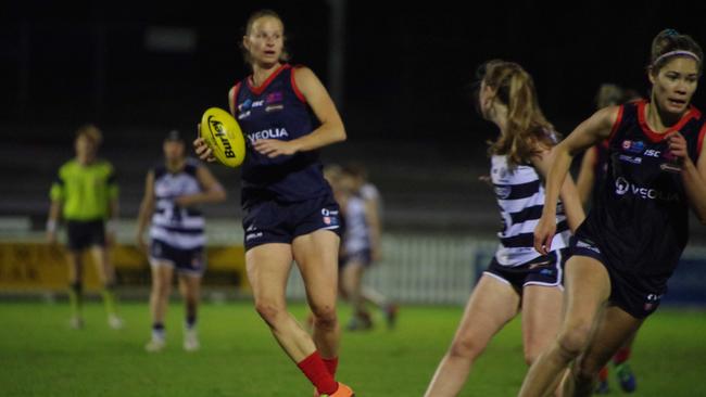 Norwood's Jo Hill with the ball in the Redlegs' SANFLW semi-final against South Adelaide at Norwood Oval. Picture: John Emery