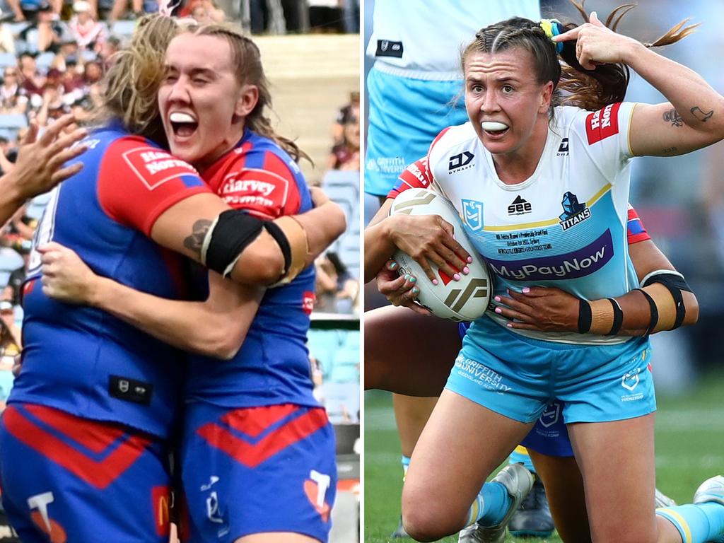 Tamika Upton celebrates her match-winning try (left) and Georgia Hale cops a hair pull.