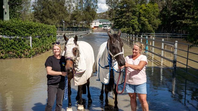 Chantel McDonald and Amy Hull take horses Sam and Conrad to stretch their legs after rain flooded their pastures in Londonderry. Picture: Tom Parrish