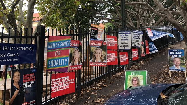 Election corflutes outside Saturday’s voting booth at Coogee Public School.