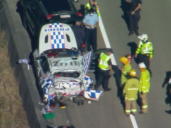 The Forensic Crash Unit is investigating following a serious three-vehicle traffic crash on the Pacific Motorway at Helensvale. Picture: Supplied / 9 News