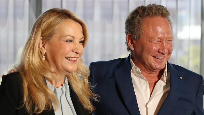 Andrew Forrest on Friday announcing that Fortescue chief executive Elizabeth Gaines, left, will be leaving her role once they find a replacement. Picture: David Swift