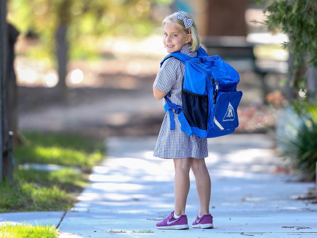 Bella has everything she needs for her first day at Kingston Heath Primary in Cheltenham. Picture: Tim Carrafa