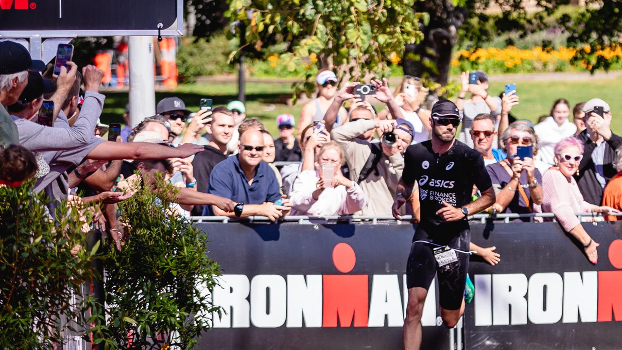 Jake Birtwhistle approaches the finish line of the Ironman 70.3 Tasmania. Picture: Linda Higginson