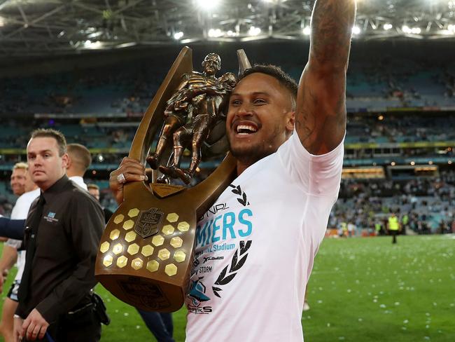 Sharks star Ben Barba holds the premiership trophy after winning the 2016 NRL grand final. Picture: Brett Costello