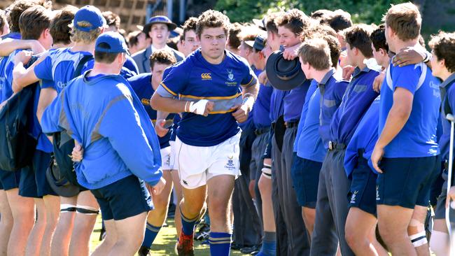 Churchie players run onto the ground GPS First XV rugby match between Brisbane Grammar School and Churchie. Saturday September 11, 2021. Picture, John Gass