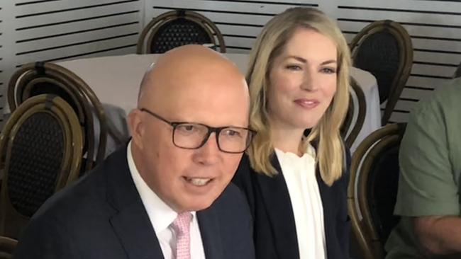 Federal Opposition leader Peter Dutton (centre) with the Liberal candidate for Mackellar, James Brown, and Liberal candidate for Warringah, Jaimee Rogers, at a meet the voters roundtable held at the Stella Blu Italian restaurant in Dee Why on Wednesday, November 4, 2024.